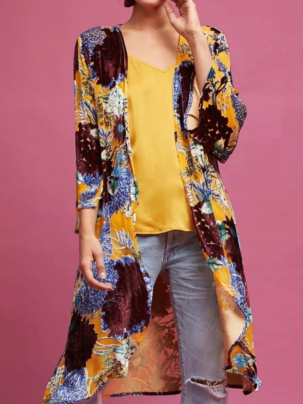 Anthropologie Floreat burnt out velvet floral long kimono open cardigan OS
